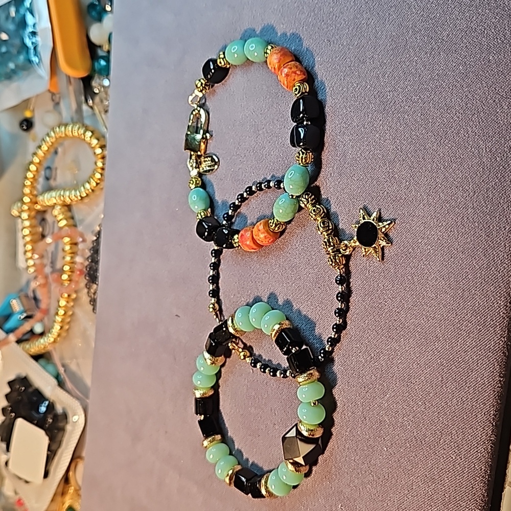 SALE!!  3 Bracelet Set in Onyx, Quartz, and Gold-Filled Beads